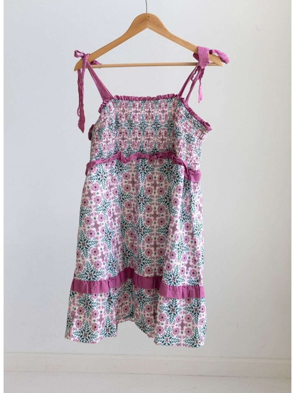Anthropologie Smocked Floral Linen Blend Dress 2X Pink Tie Straps Ruffle Mini